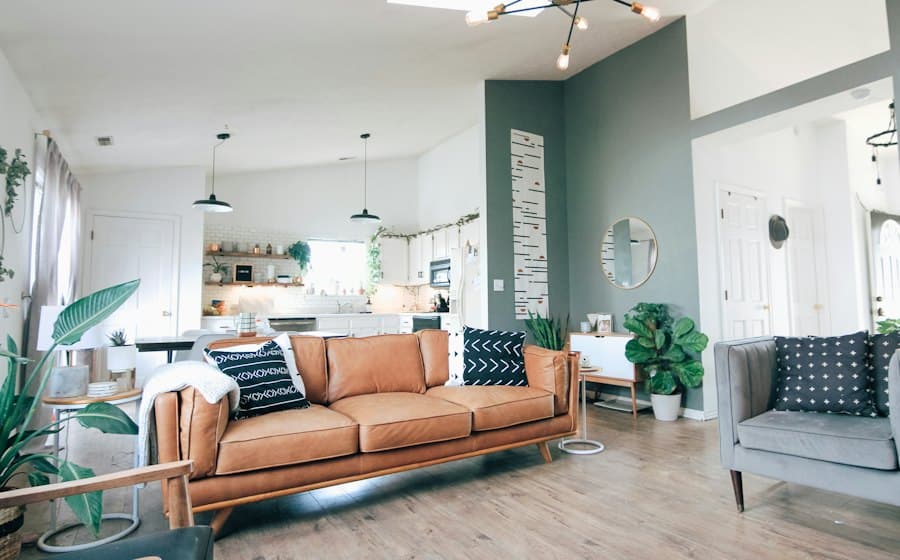 Open living room with a tan leather sofa
