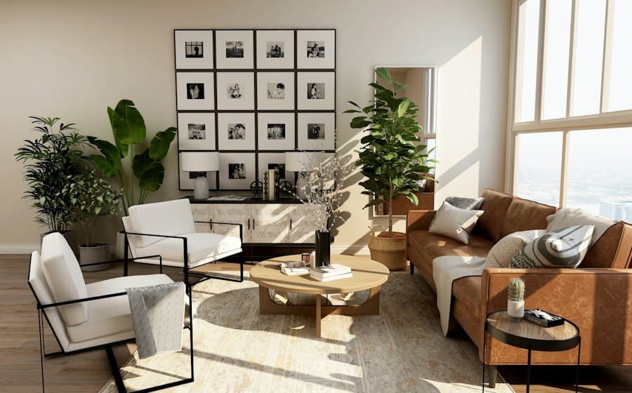 Living room with leather chairs and a wall of framed photos